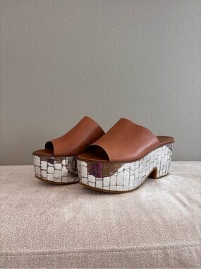 See By Chloe Brown Leather Slides with Mirror Mosaic Platform